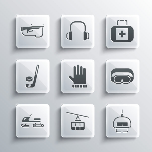 设置缆车，滑雪缆车，护目镜，圣诞手套，雪地摩托，冰球棍和冰球，冬季两项步枪和急救箱图标。向量图片下载