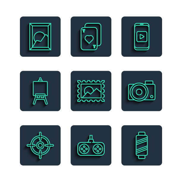设置线目标运动，手柄，线轴上的缝纫线，在线播放视频，邮政邮票，画架绘画艺术板，图片景观和照片相机图标。向量图片下载