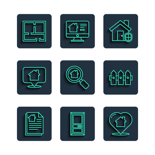 设置线房屋合同，关闭门，心形，保护下，搜索房屋，位置，平面图和花园栅栏木图标。向量图片下载