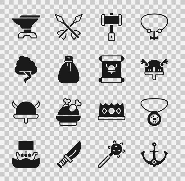 船锚、宝石项链、带角头盔的维京人、战锤、旧钱袋、云和闪电、铁匠的铁砧以及法令卷轴图标矢量素材图片下载