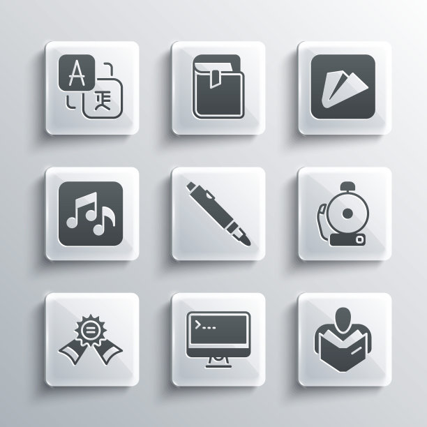 设置电脑显示器，男人看书，铃声，记号笔，勋章，乐谱，音调，翻译和纸飞机图标。向量图片下载