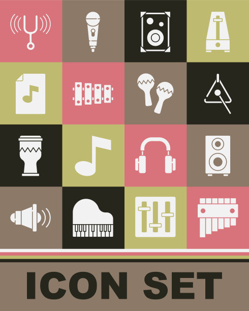 设置排箫，立体声扬声器，三角，木琴，音乐书与笔记，音乐音叉和沙球图标。向量图片下载