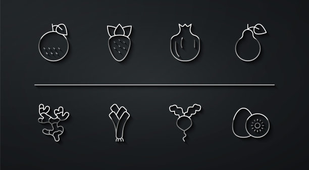 设置线橙果，姜根，梨，萝卜，韭菜，草莓，猕猴桃和石榴图标。向量图片下载