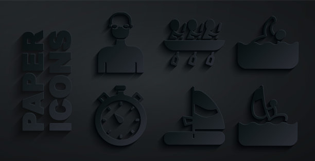 设置风帆冲浪，游泳者，秒表，划艇队运动和图标。向量图片下载