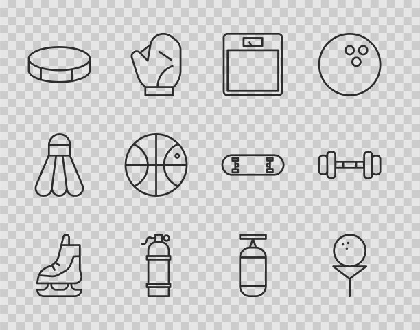设置线溜冰鞋，高尔夫球在tee，浴室秤，Aqualung，曲棍球，篮球，沙袋和哑铃图标。向量图片下载
