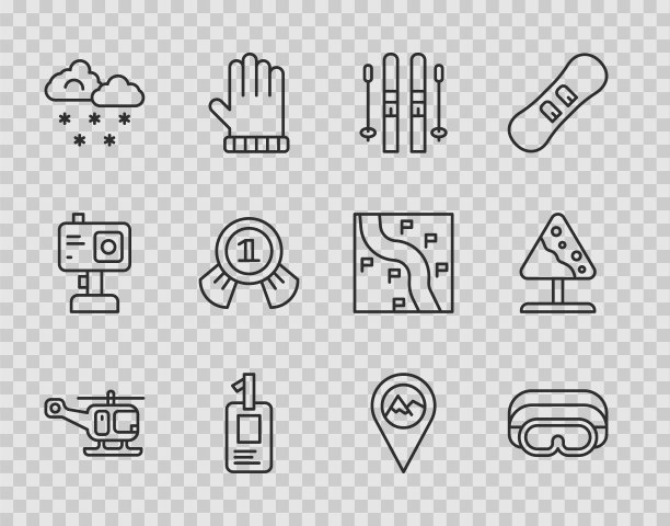 设置线救援直升机，滑雪镜，和棍子，识别徽章，云与雪，奖章，位置山和道路标志雪崩图标。向量图片下载