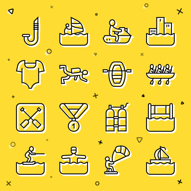 设置线游艇帆船，水排球网，划艇团队运动，摩托艇，水肺潜水员，泳装，通气管和船与桨的图标。向量图片下载