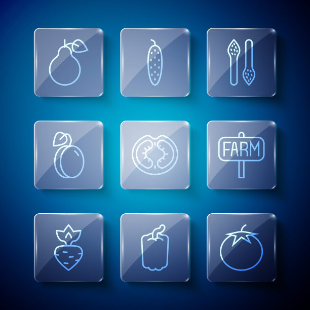 设置线萝卜，甜椒，番茄，芦笋，李子水果，梨和位置农场图标。向量图片下载