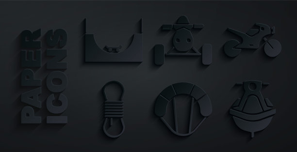 设置降落伞，摩托车，攀登者绳索，摩托艇，ATV摩托车和滑板公园图标。向量图片下载