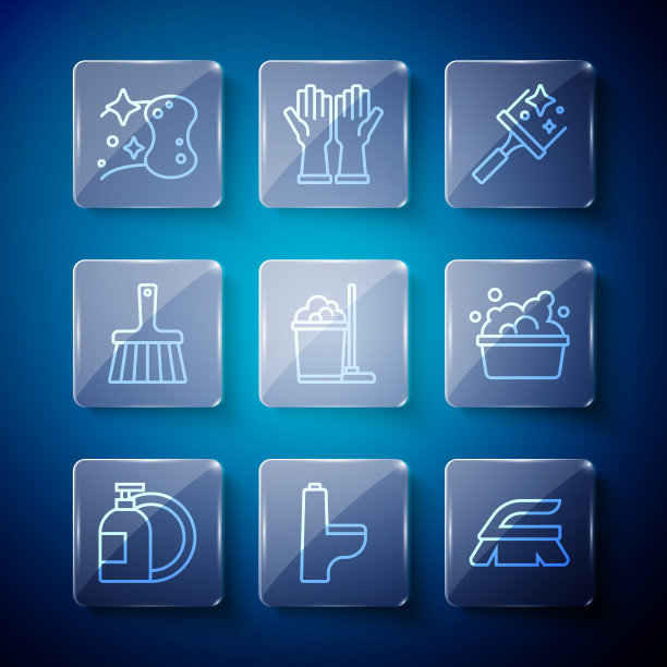 设置有洗碗液瓶，马桶，清洁刷，橡胶清洁窗，拖把和水桶，手柄扫帚，海绵和带有肥皂泡沫图标的盆。向量图片下载