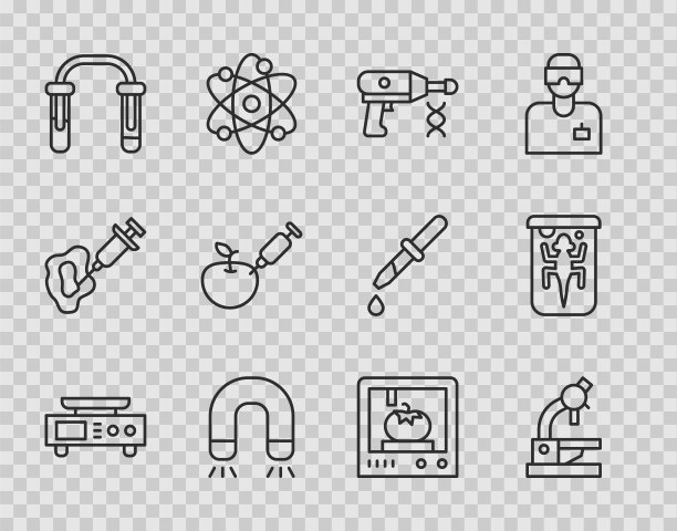 集电子天平、显微镜、转移液枪、磁铁、试管、烧瓶、转基因苹果、3D打印技术、实验动物图标于一体。向量图片下载