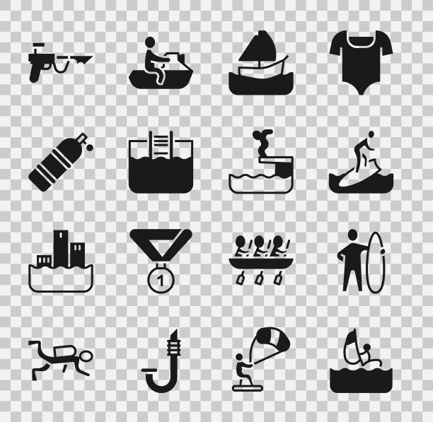 设置风帆冲浪，冲浪板，游艇帆船，游泳池梯子，水龙，鱼叉和游泳者潜水图标。向量图片下载