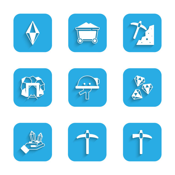 设置矿工头盔，鹤嘴锄，宝石，入口和图标。向量图片下载