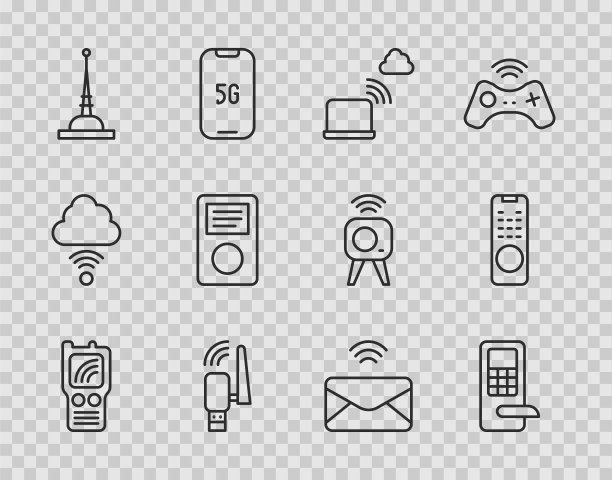 设置线路对讲机，数字门锁，网络云连接，Usb无线适配器，天线，音乐播放器，邮件和电子邮件和远程控制图标。向量图片下载