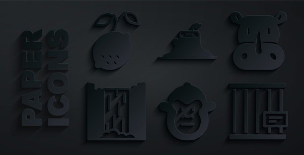设置猴子，犀牛，瀑布，动物笼子，树桩和柠檬图标。向量图片下载