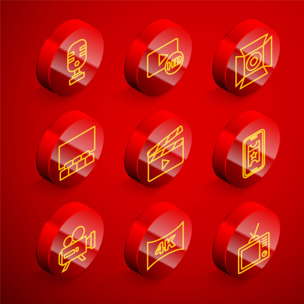 设置线麦克风，高清电影，磁带，框架，电影聚光灯，影院礼堂与屏幕，拍手，在线购买电影票，复古相机和屏幕电视4k图标。向量图片下载