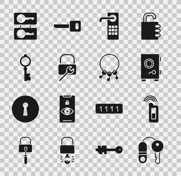 Set House with key, Car remote, Safe, Digital door lock, lock repair, Old, Casting keys and Bunch of icon。向量图片下载