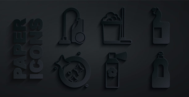 设置空气清新剂喷瓶、洗碗液、洗碗、拖把和水桶和吸尘器图标。向量图片下载