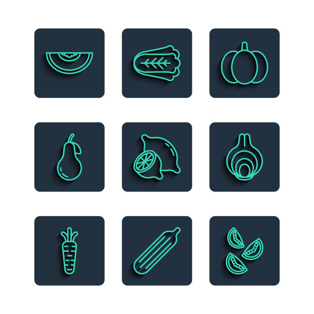 设置线胡萝卜，新鲜黄瓜，番茄，南瓜，柠檬，梨，瓜果和洋葱图标。向量图片下载