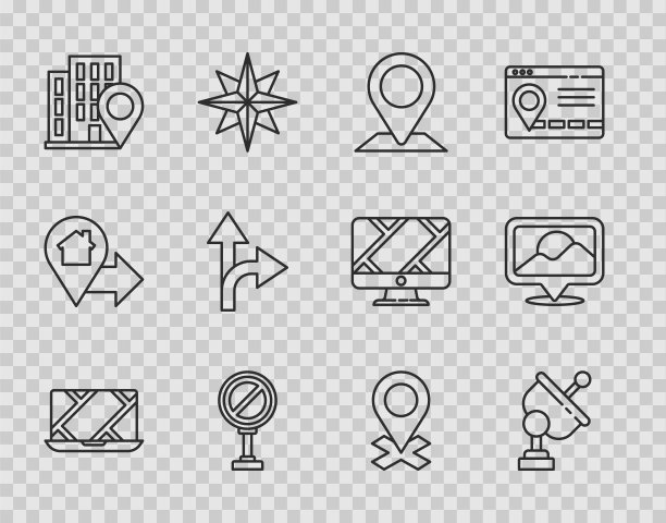 设置线路城市地图导航，雷达，位置，停止标志，与房子，道路交通，和图标。向量图片下载