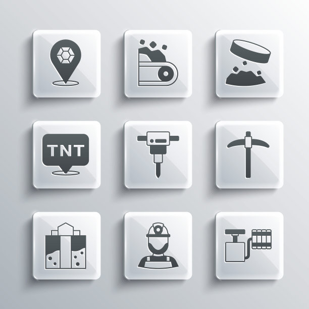 设置矿工在一个头盔，手柄雷管，鹤嘴锄，施工手提钻，入口，炸药，宝石石和巨型磁铁握铁灰尘图标。向量图片下载