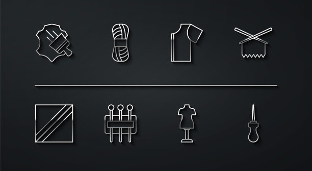 集线皮革，纺织织物卷，针织针，人体模型，缝纫针，纱线，锥子工具和缝纫图案图标。向量图片下载