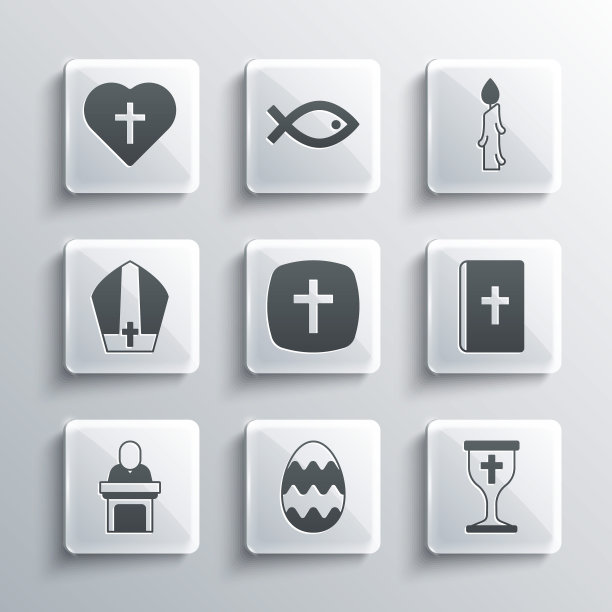 设置复活节彩蛋，基督教圣杯，圣经书，十字架，教会牧师布道，教皇的帽子，心脏和燃烧的蜡烛图标。向量图片下载