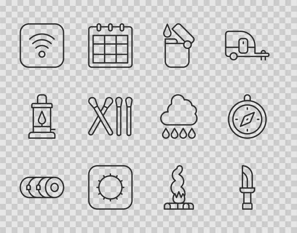 设置线毛毯卷，刀，打火机，太阳，Wi-Fi无线互联网，火柴棒，篝火和指南针图标。向量图片下载