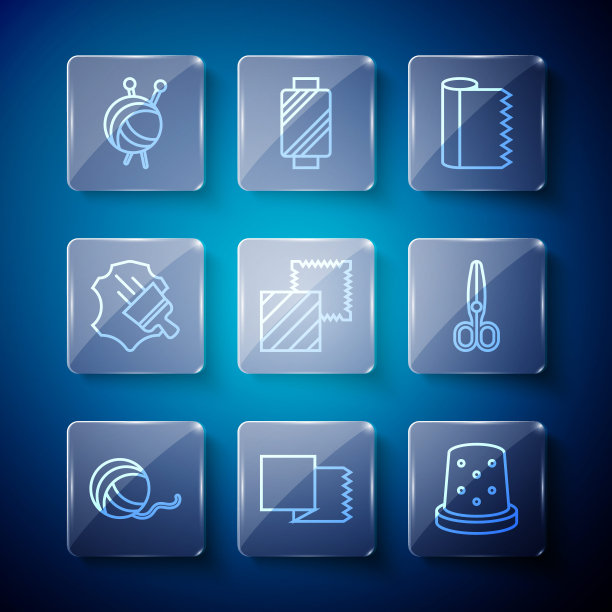 设置线纱球，纺织织物卷，缝纫顶针，皮革，针织针和剪刀图标。向量图片下载