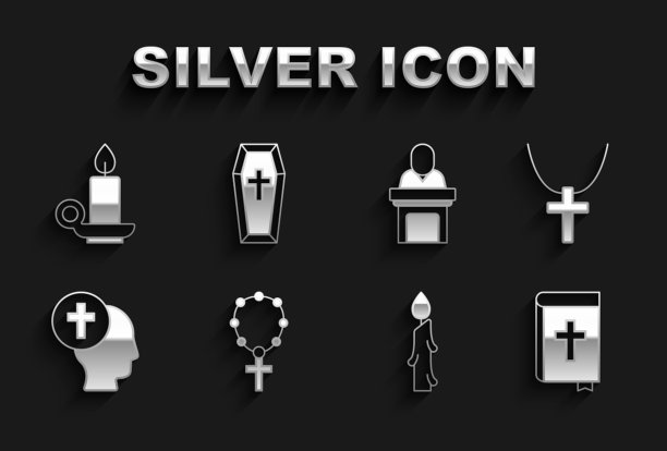 集念珠宗教，基督教十字架链，圣经书，燃烧的蜡烛，牧师，教堂牧师布道，烛台和棺材图标。向量图片下载