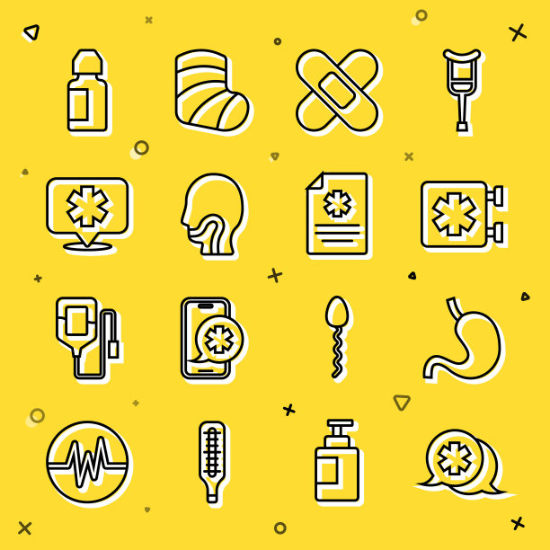 与医生对话、人体胃、紧急医疗符号、交叉绷带、喉咙痛、滴眼液瓶和临床记录图标。向量图片下载