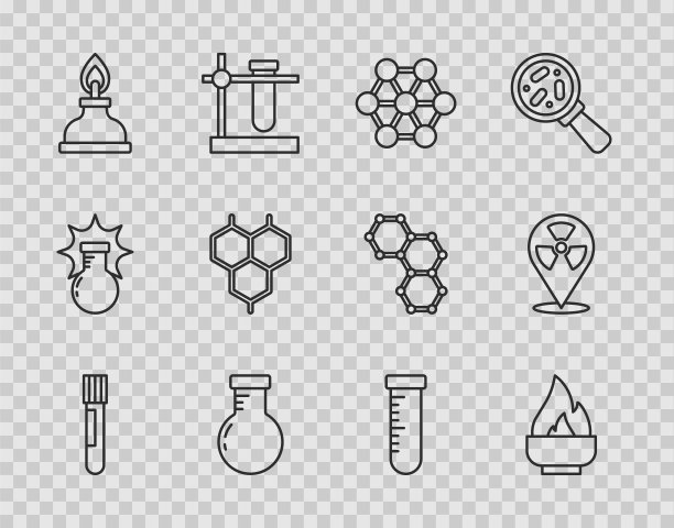 在位置图标中设置试管和烧瓶、酒精或酒精燃烧器、分子、化学配方和放射性。向量图片下载