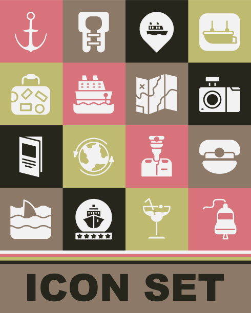 设置船钟，船长帽子，照片相机，位置与邮轮，邮轮，手提箱，锚和折叠地图图标。向量图片下载