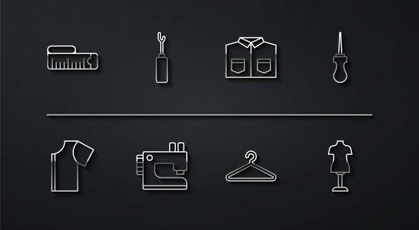 设置线卷尺，缝纫模式，锥子工具，衣架衣柜，机器，人体模型和衬衫图标。向量图片下载