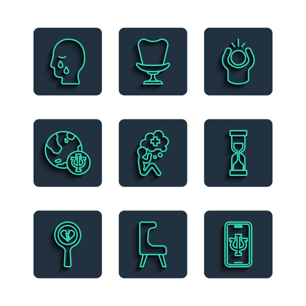 设置线心碎或离婚，扶手椅，心理学家在线，愤怒，帮助的手，心理学，Psi，男人坟墓葬礼悲伤和旧沙漏图标。向量图片下载