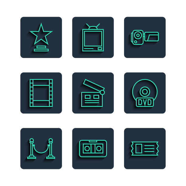 设置线绳障碍，VHS录像带，电影票，摄像机，电影拍板，播放视频，奖杯和CD或DVD光盘图标。向量图片下载