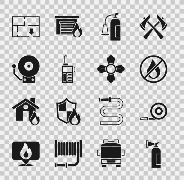 灭火器、软管卷盘、禁止烟火、对讲机、响铃、疏散计划和消防员图标矢量图图片下载