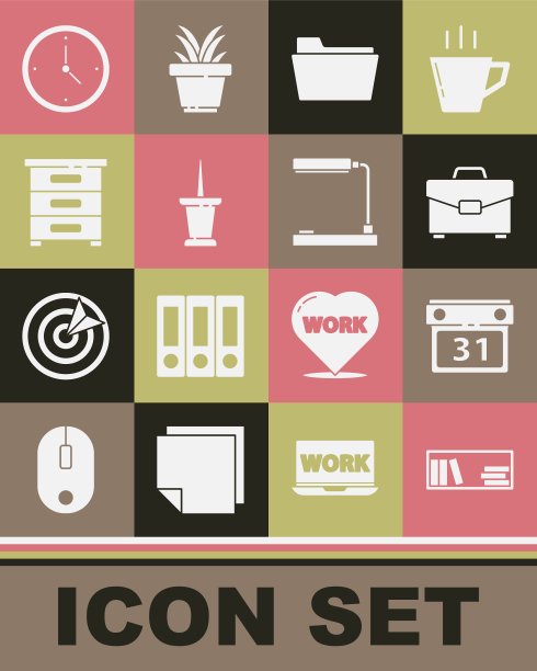 设置书架与书籍，日历，公文包，文件文件夹，推销，抽屉文件，时钟和台灯图标。向量图片下载