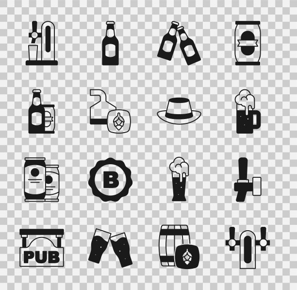 设置啤酒龙头，木制啤酒杯，啤酒瓶，酿造过程，和罐，玻璃和啤酒节的帽子图标。向量图片下载