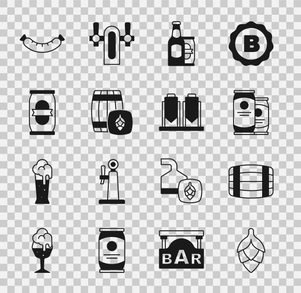 设置啤酒花、木桶、啤酒罐、酒瓶、啤酒、香肠和酿造过程图标。向量图片下载