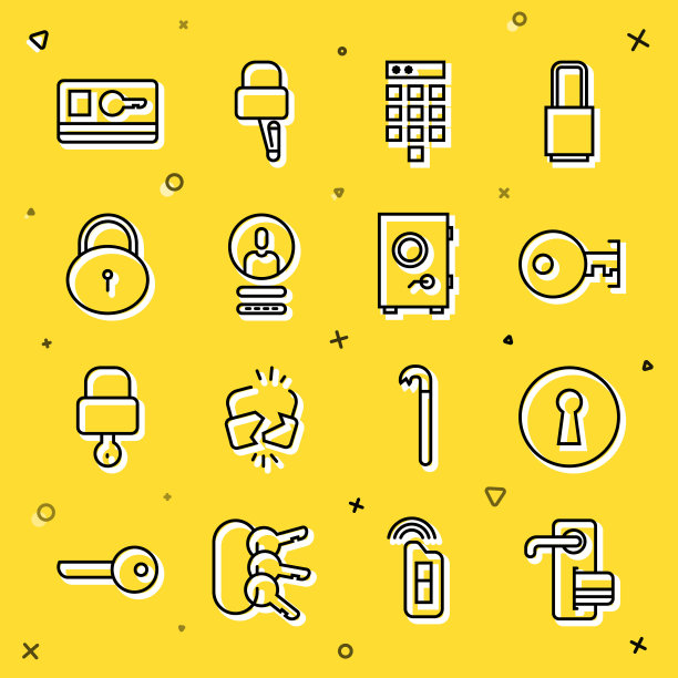 设置线路数字门锁，钥匙孔，密码保护，创建帐户屏幕，锁，卡和安全图标。向量图片下载