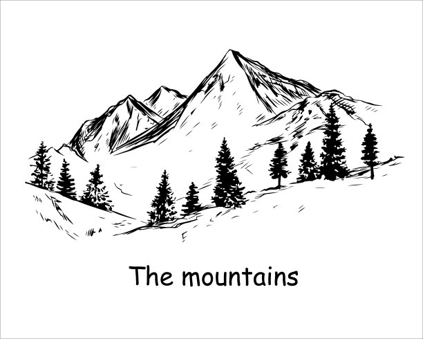 手绘山景素描图，松树隔绝图片下载