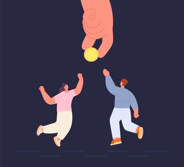 人们跳起来抓钱。手拿金币，男女需要现金。投资概念、商业项目或招聘矢量插图图片下载