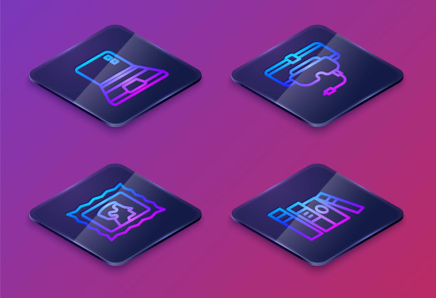 集等距线笔记本电脑，邮票，虚拟现实眼镜和书。蓝色方块按钮。向量图片下载