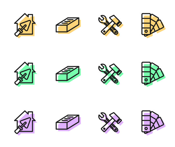设置线锤和扳手扳手，房子与镘刀，砖和调色板指南图标。向量图片下载