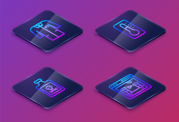 设置等角线实验室制服，毒药瓶，医用温度计和化学在线。蓝色方块按钮。向量图片下载