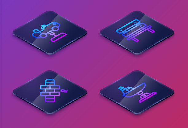 设置等距线秋千车、跳房子、凳子、小船。蓝色方块按钮。向量图片下载