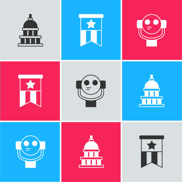 设置白宫，美国国旗和旅游望远镜图标。向量图片下载