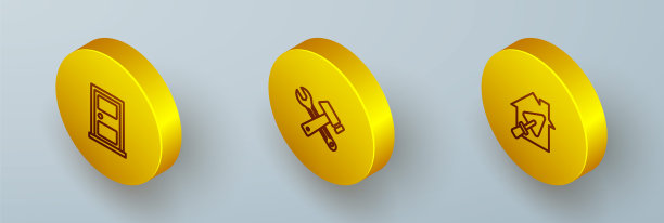 设置等距线关闭门，锤子和扳手扳手和房子与镘刀图标。向量图片下载