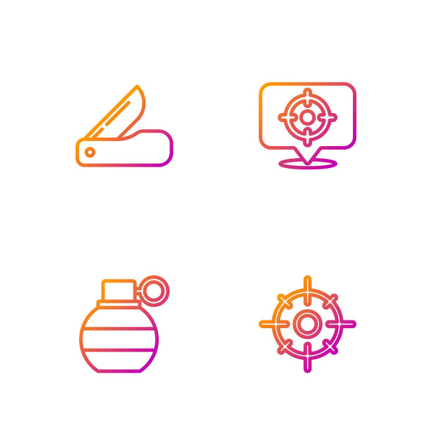 运动靶、手榴弹、瑞士军刀渐变色图标矢量图图片下载